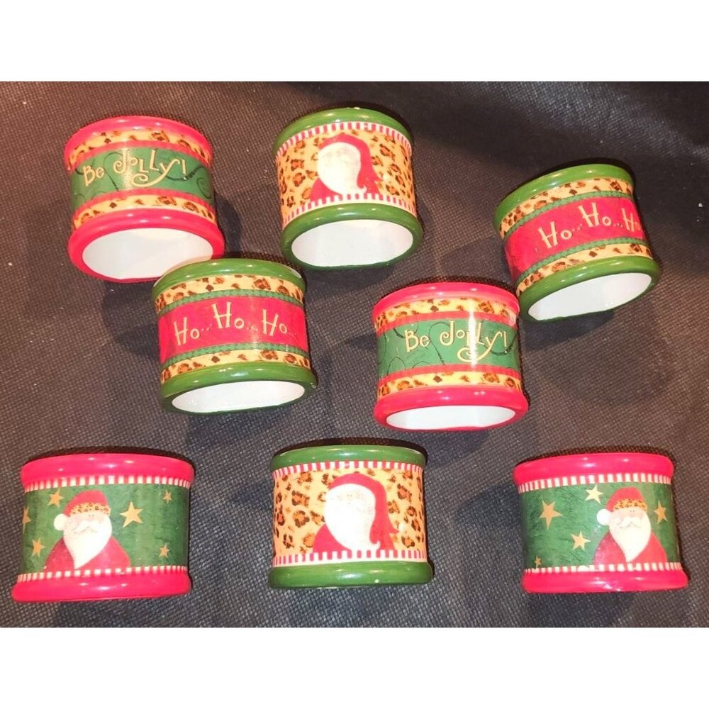 Lot Of 8 Christmas Ceramic Napkin Holders Santa Leopard Print 2" Round